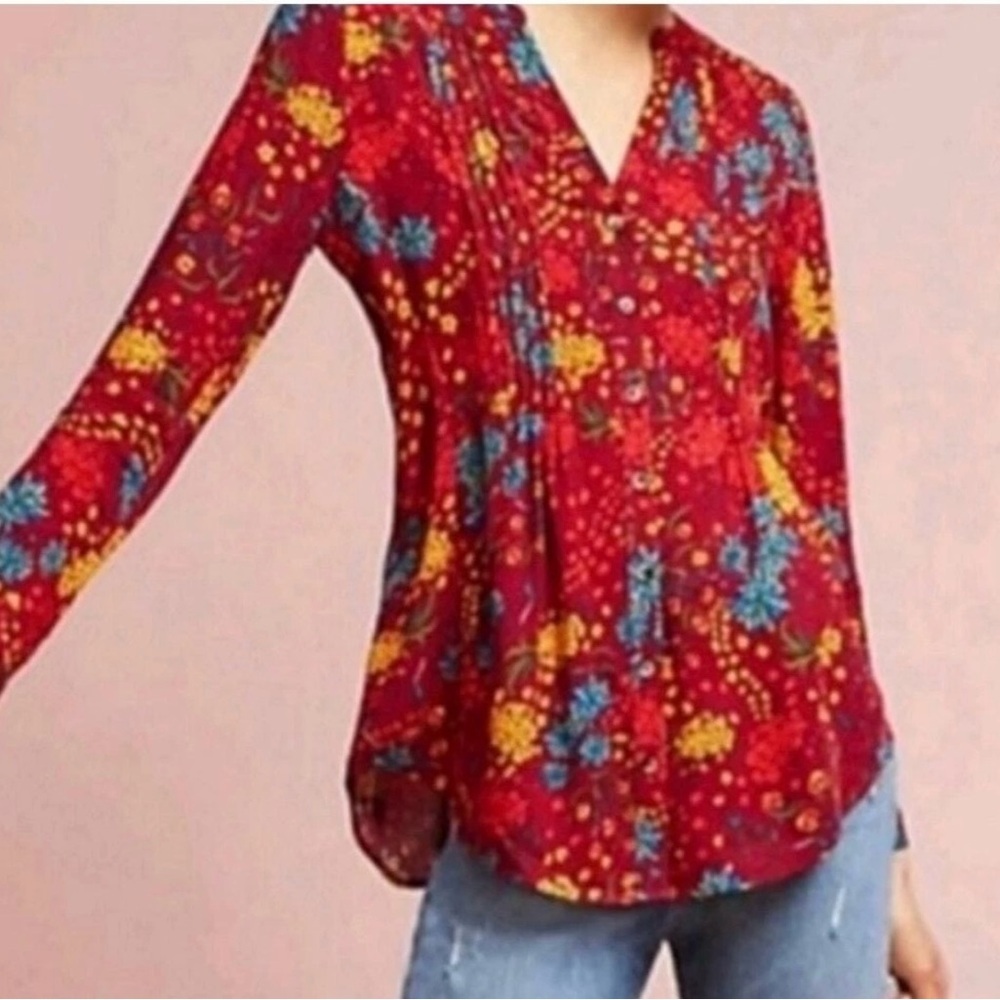 Maeve Red Floral Button Up Blouse Boho Long Sleeve Size S Anthropologie